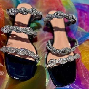 J Crew Size 7 braided sequined formal low heel slides. Black and sparkly.